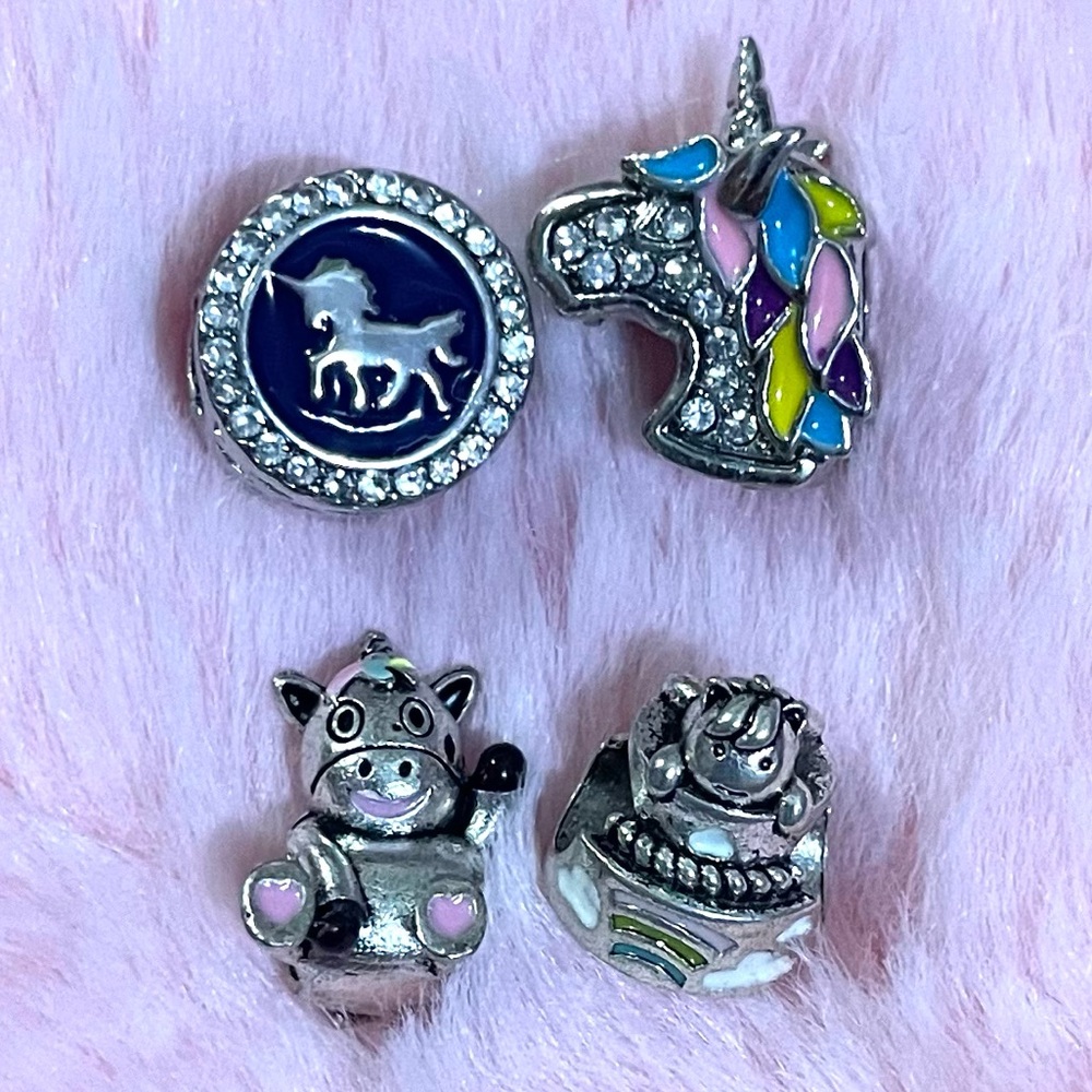 4 Pieces Silver Crystal Unicorn Charm Collection Bundle Set /Not Pandora